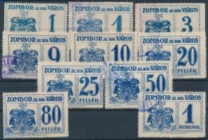 1914 10 db Zombor városi okmánybélyeg, közte 1 illetve 2 oldalon vágott érték, tévnyomat BUDAPEST utáni pont hiány