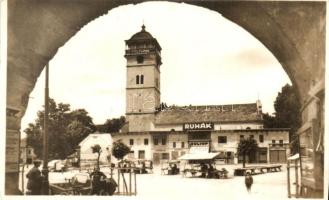 Rozsnyó, Roznava; Rákóczi őrtorony, piac, Varjú virágkereskedés, Baffv N. üzlete, Puskás üzlete / watchtower, market, shops, photo