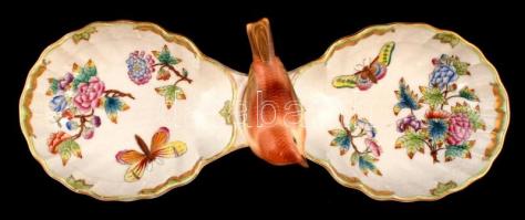 Herendi Viktória madaras kínáló, kézzel festett, jelzett, hibátlan, m:12 cm, h:33,5 cm