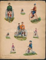 cca 1890-1900 Kerékpározással kapcsolatos cikkek, hirdetések, karikatúrák, litho képeslapok, matricá...