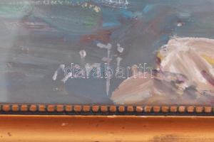 Bánfi József (1936-): Vitorlások Badacsonynál. Olaj, karton, jelzett, üvegezett keretben, 23×33 cm