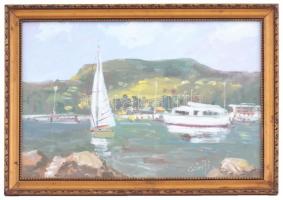 Bánfi József (1936-): Vitorlások Badacsonynál. Olaj, karton, jelzett, üvegezett keretben, 23×33 cm