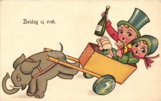 New Year, elephant cart, children, humour, litho