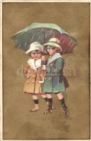 Gold Italian art postcard, children, Proprieta Artistica Riservata No. 17-3.