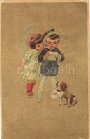 Gold Italian art postcard, children, Anna &amp; Gasparini 103-3.  (EK)