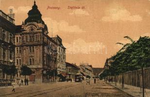 Pozsony, Bratislava; Stefánia út, villamos, Liebel Ernő üzlete / street, tram, shop (EB)