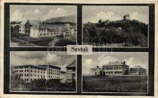 Nagyszőlős, Sevlus; Zemska nemocnice, obecna skola, nakupna tabaku; Nakl. Béla Klein / hospital, school, tobacco exchange