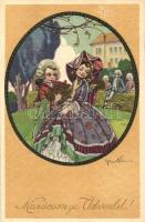 Italian art postcard, Christmas, Baroque children couple, Degami 1023. s: V. Castelli