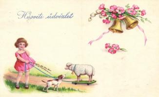 Easter, girl, dog, bells, floral, Amag 2095. litho (EK)