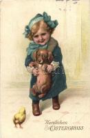 Easter, girl, dog, chicken, litho