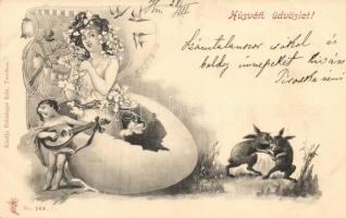 Easter, Art Nouveau lady, fighting rabbits, Feitzinger Ede No. 10.