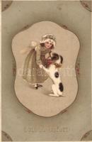 New Year, girl with dog, floral litho