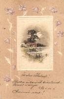 Landscape, floral greeting card, Emb. litho