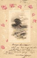 Landscape, floral greeting card, Emb. litho (EK)