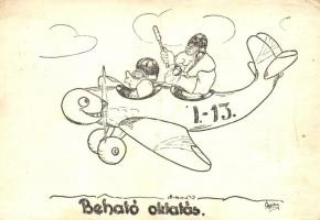 &#039;Beható oktatás&#039; Humoros magyar légierős grafikai képeslap / WWII-era Hungarian airforce humorous postcard s: Ágoston (fa)