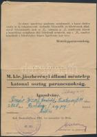 1941 Jászberény, M.kir. jászberényi állami méntelep katonai osztag parancsnoksága által kiadott igazolvány