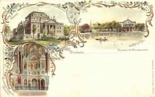 Wiesbaden, Theater, Kurhaus, Musikpavillon, Griechische Kapelle / theatre, spa, music pavilion, Greek chapel, Moritz & Münzel's Wiesbadener Künstler-Postkarten No. 2. Art Nouveau litho s: W. Essinghaus