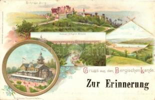 Bergisches Land, Schloss Burg, Kaiser Wilhelm Brücke, Thalsperre, Schloss Kuppelstein / castles, brdige, valley, Kunstanstalt Aug. Einkenrath Söhne 14. floral litho (EK)