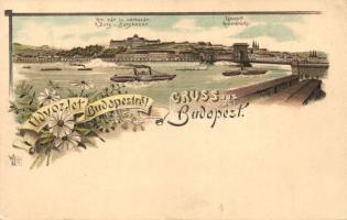 Budapest, Lánchíd, a Királyi vár és a várbazár, gőzhajó, litho, floral (EK)