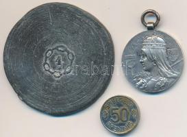 ~1920-1930. A Körmöcbányai Magyar Királyi Pénzverde látogatásának emlékére jelzetlen Ag medál (5.84g/22mm) + ón zseton és német 50 Pfennig fém játékpénz T:2-3