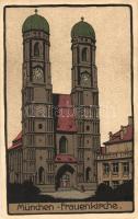 München, Frauenkirche, Künstler-Stein-Zeichnung, litho art postcard