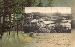 Halle, Giebichenstein / bridge, pine forest, litho