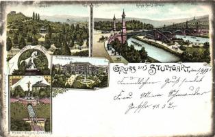 Stuttgart, Bopser, König-Karl&#039;s Brücke, Polytechnikum, Hofer&#039;s Pferde, Herzog Eugen Brunnen / bridge, polytechnic, statue, fountain, litho