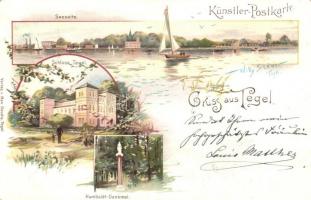 Berlin, Tegel; Schloss, Humboldt-Denkmal / castle, statue, Künstler-Postkarte Max Gaudig, floral, litho s: Willy Stöwer