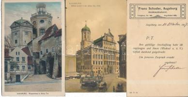 Augsburg, 3 old town-view postcards: Rathaus, Wassertürme, Franz Schoder Akzidenzdruckerei / town hall, tower, advertisment