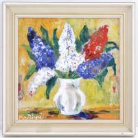 Kesztyűs Ferenc (1932-): Virágcsendélet. Tűzzománc, cserép, jelzett, keretben, 29×29 cm