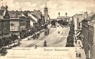 Debrecen, Piac utca, villamos, lovaskocsi, kávéház (fa)