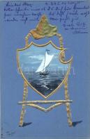 Art Nouveau greeting card, sailing ship, hand-painted golden Emb.