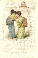 1899 Japanese geishas, art postcard, Theo-Stroefer&#039;s Kunstverlag, Aquarell-Postkarte Serie IV. No. 5376. litho (EB)