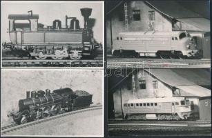 Vasúti modellek fotói, 16 db, 5x17 és 16x11 cm közötti méretekben