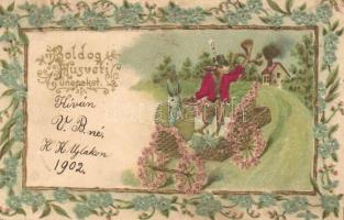 Boldog Húsvéti ünnepeket / Easter, rabbits, golden decoration, litho, floral, Emb., silk card (kis szakadás / small tear)