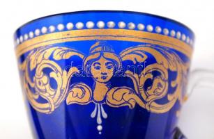 Dekoratív mokkás csésze és alj, kézzel festett, zománc díszítéssel, kopott, jelzés nélkül