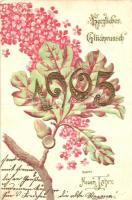 1905 New Year greeting card, floral Emb. litho (fa)