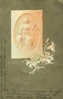 Lady greeting card, Art Nouveau Emb., golden card (EK)