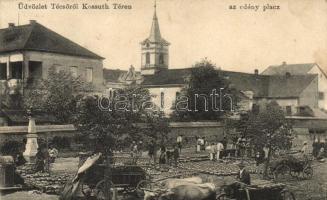 Técső, Kossuth tér, edénypiac; Szabó Lipót kiadása / square, pot market, church