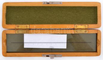 cca 1930 Süss NRT Budapest jelzéssel üveg etalon, mérő, vonalzó. Fa tokkal. 22 cm