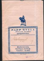 1938 Papp Gyula "Mátyás Király" gyógyszertára, Debrecen, papírtasak, 20x14cm