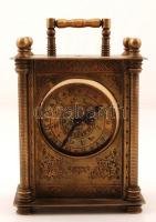 Réz asztali álló óra, több felhúzó hiányzik, sérüléssel, nem kipróbált, 21x9x14 cm