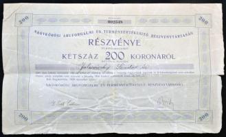 Nagykőrös 1920. "Nagykőrösi Áruforgalmi és Terményértékesítő Részvénytársaság" részvénye 200K-ról szelvényekkel T:III