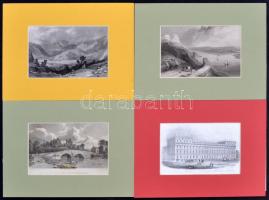 cca 1840 Angol és német tájak metszeten 4 db paszpartuban / British and German landscapes etchings in paspartu 24x18 cm