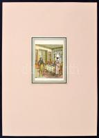 cca 1910 Fritzi Löw (1892-1975): Szobában, színes litho, dúcon jelzett, papír, 10x8cm