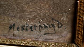 Mesterházy Dénes (?-?): Pecázó. Olaj, karton, sérült antik keretben, 24×34 cm