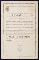 1920 Végbizonyítvány Keletei Kereskedelmi Akadémia Budapesten, okmánybélyeggel (2korona), bélyegzővel, kis szakadással, 47x30cm