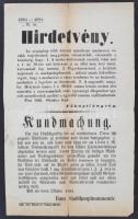 1861 Pest Főkapitányság hirdetménye a heti marhavásárok áthelyezéséről, magyar il., német nyelven, kis szakadással, 38x23cm