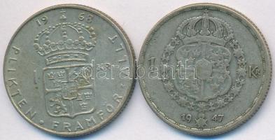 Svédország 1947TS 1Kr Ag "V. Gusztáv" + 1968. 1Kr Ag "VI. Gusztáv" T:2,2-
Swede...