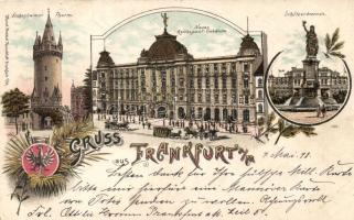 1898 Frankfurt, Eschenheimer Thurm, Neues Reichspost-Gebaude, Schützenbrunnen / tower, post office, fountain, Kunstanstalt Rosenblatt, floral, litho